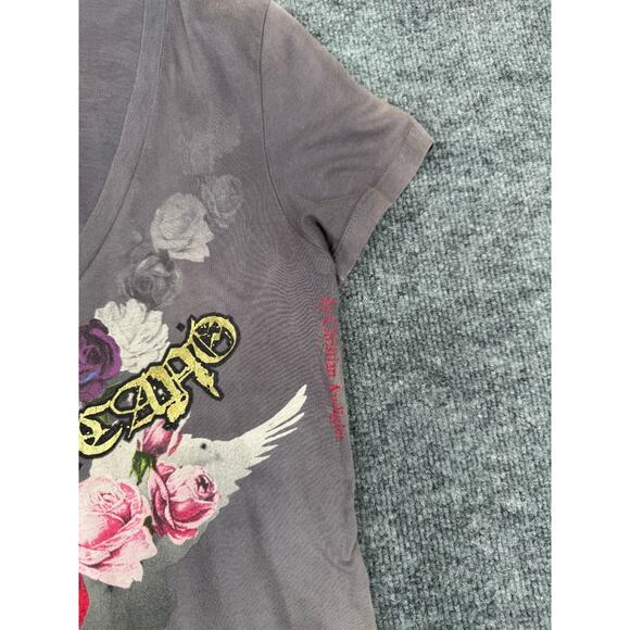Christian Audigier Paco Chicano Women’s T-Shirt Sz L V-Neck Crown Roses Dove - Picture 13 of 16